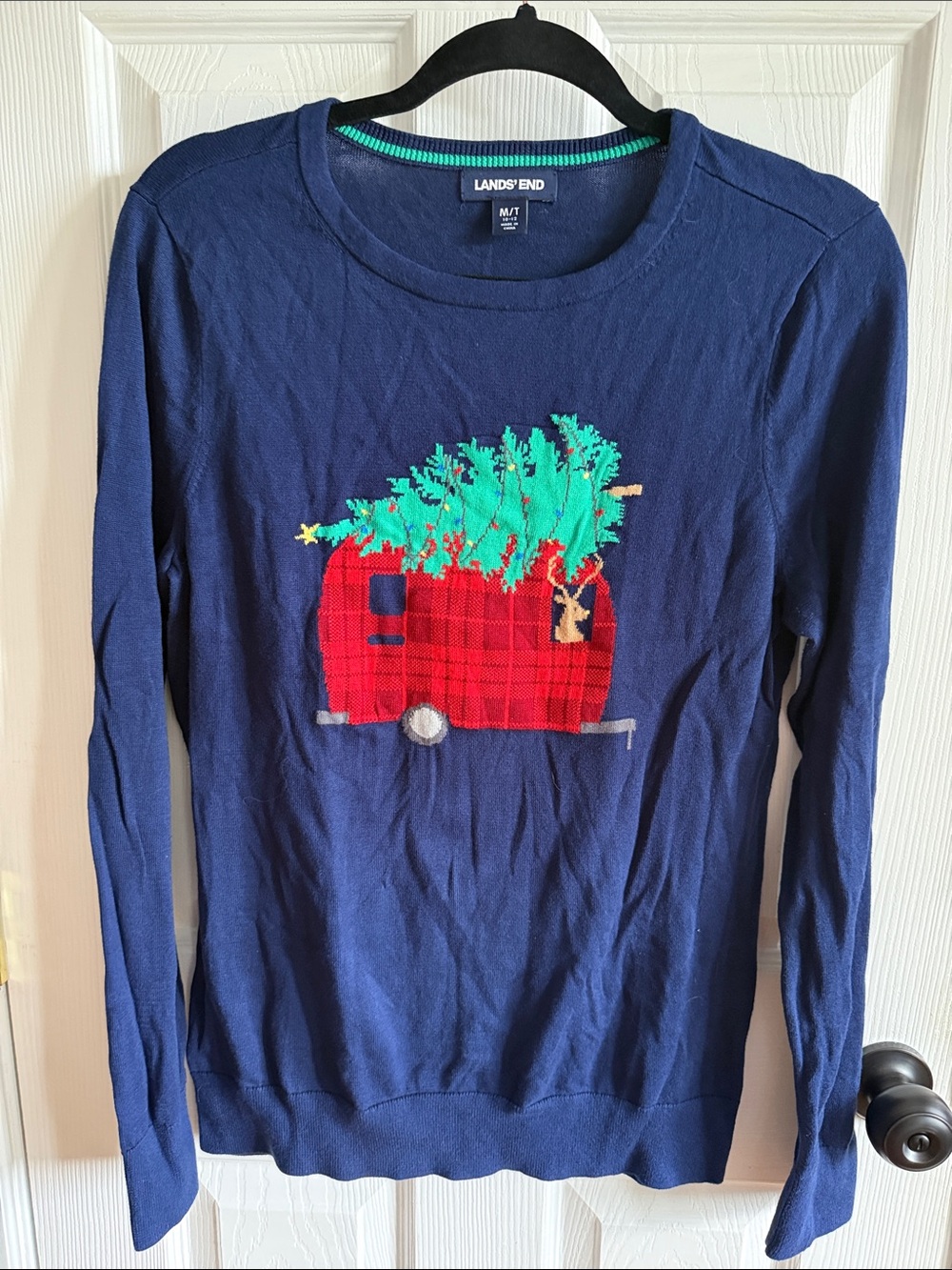 Lands' End Navy Crewneck Sweater with Red Plaid Camper and Green Tree